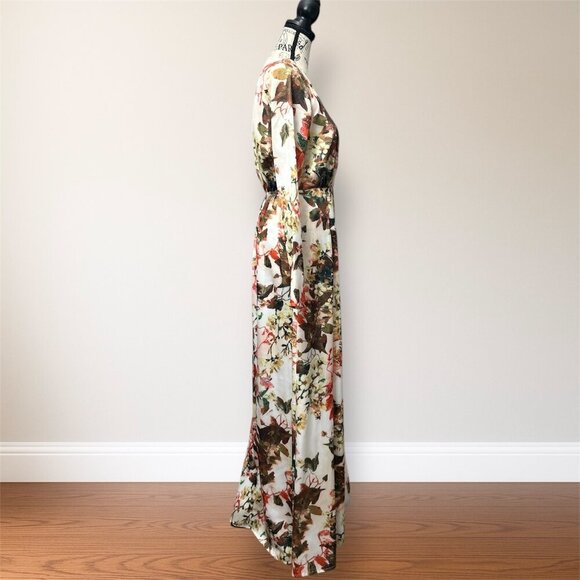 New PrettyLittleThing White Brown Floral V-Neck Maxi Dress Long Sleeve Slit Boho - Picture 5 of 6